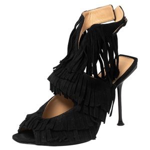 Sergio Rossi Black Suede Cut Out Fringe Sandals Size 371/2
